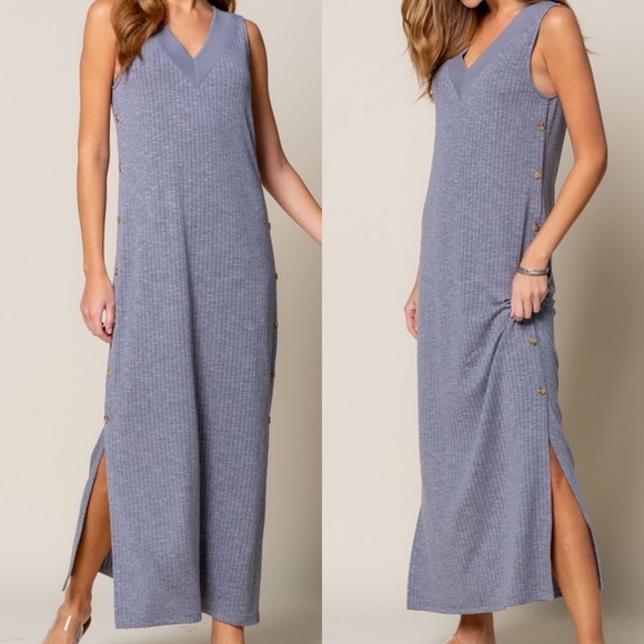 Fall Maxi Dress Gray Rib Knit Side Slit Dress Stretchy Casual Long Dress - Picture 1 of 7